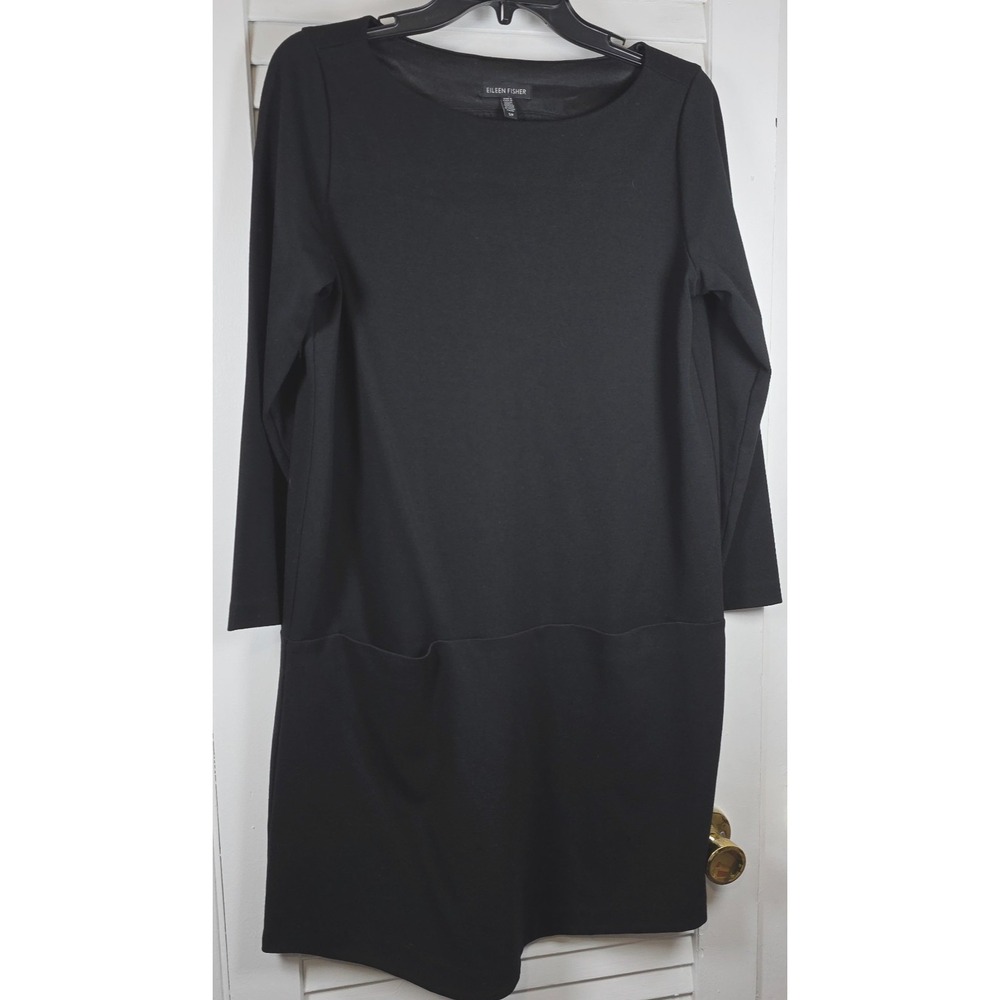 Eileen Fisher Shift Dress Women Small Black Ponte Long Sleeve Boat Neck Pockets